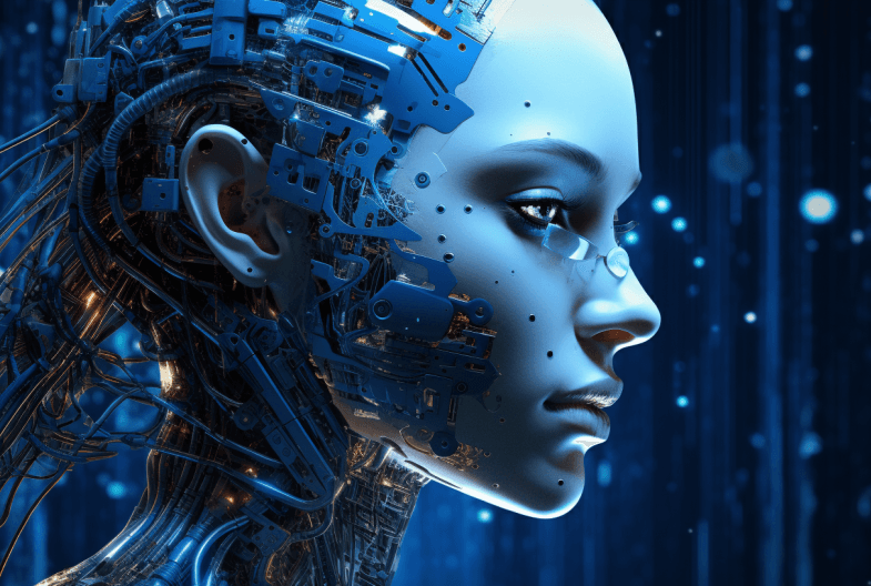 Illustrasjon av kunstig intelligens. Kvinnelig ansikt med robotaktig utseende.
