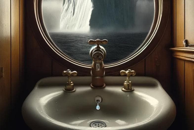 Illustrasjon av vask i lugar med isfjell utenfor