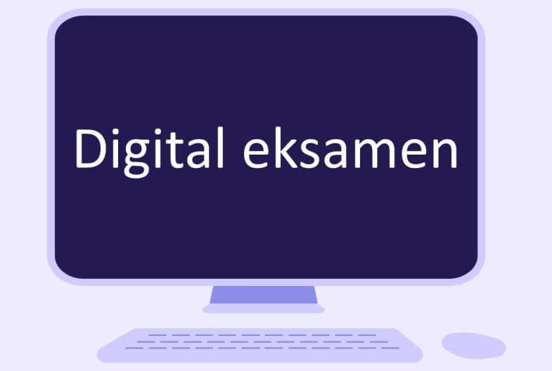 Illustrasjon av dataskjerm med tekst digital eksamen