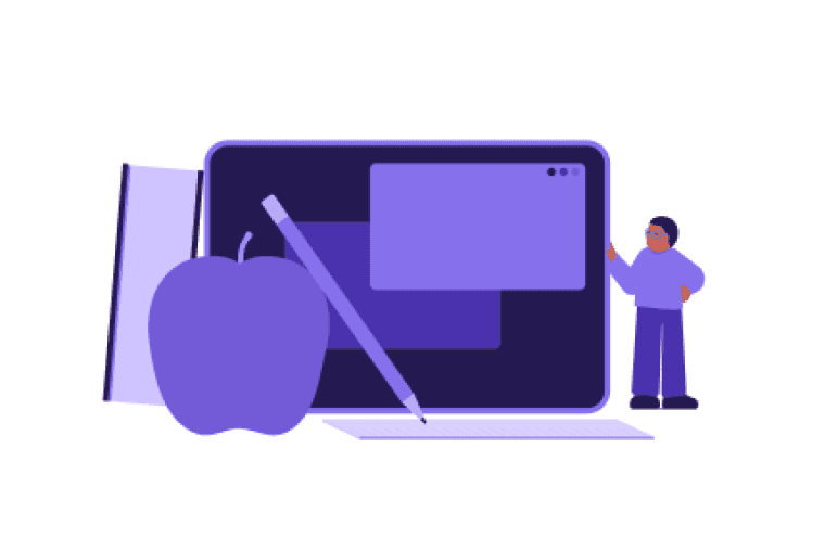Illustrasjon av liten person som står ved siden av en laptop med vinduer oppe