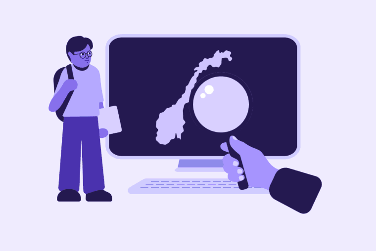 Illustrasjon av student foran skjerm med kart