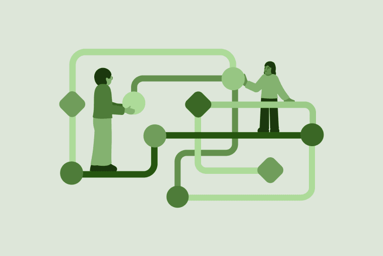 Illustrasjon av et nettverk med linker og figurer, samt to mennesker