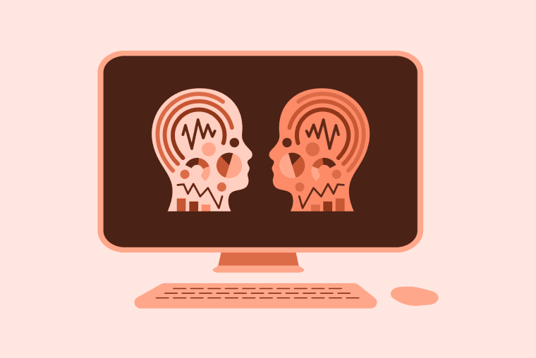 Illustrasjon av en datamaskin med to hoder vendt mot hverandre