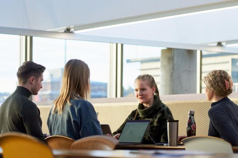 Fire studenter som sitter rundt et bord.