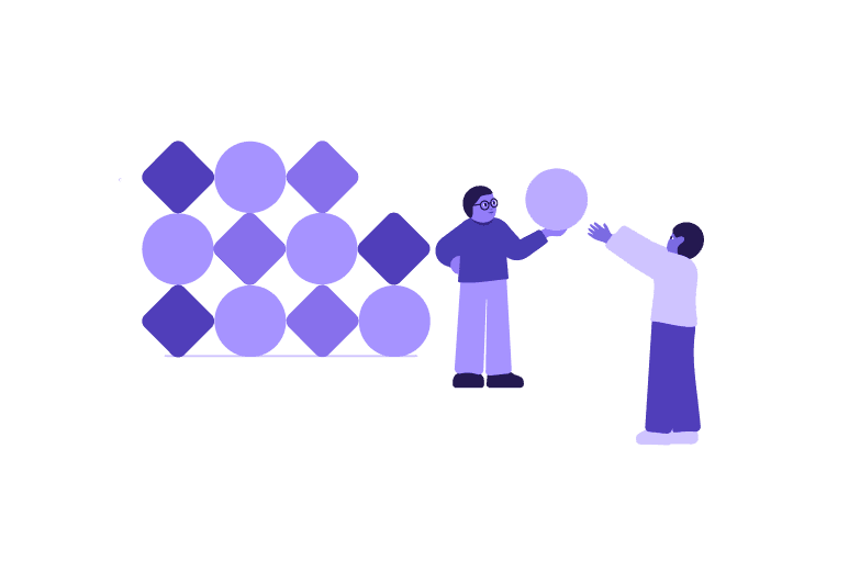 To personer står ved siden av et rutenett av rundinger og firkanter. Den ene personer gir en runding til den andre.