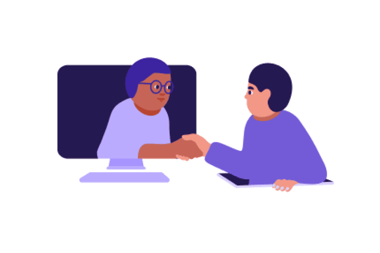 En person i en pc-skjerm som hilser med en annen person på utsiden av skjermen.