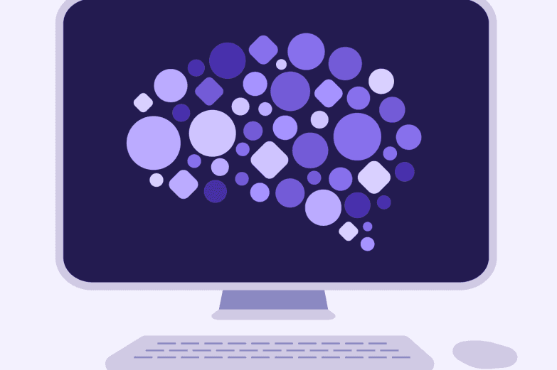 Illustrasjon av PC-skjerm med snakkeboble inni. Skal illustrere KI-chat