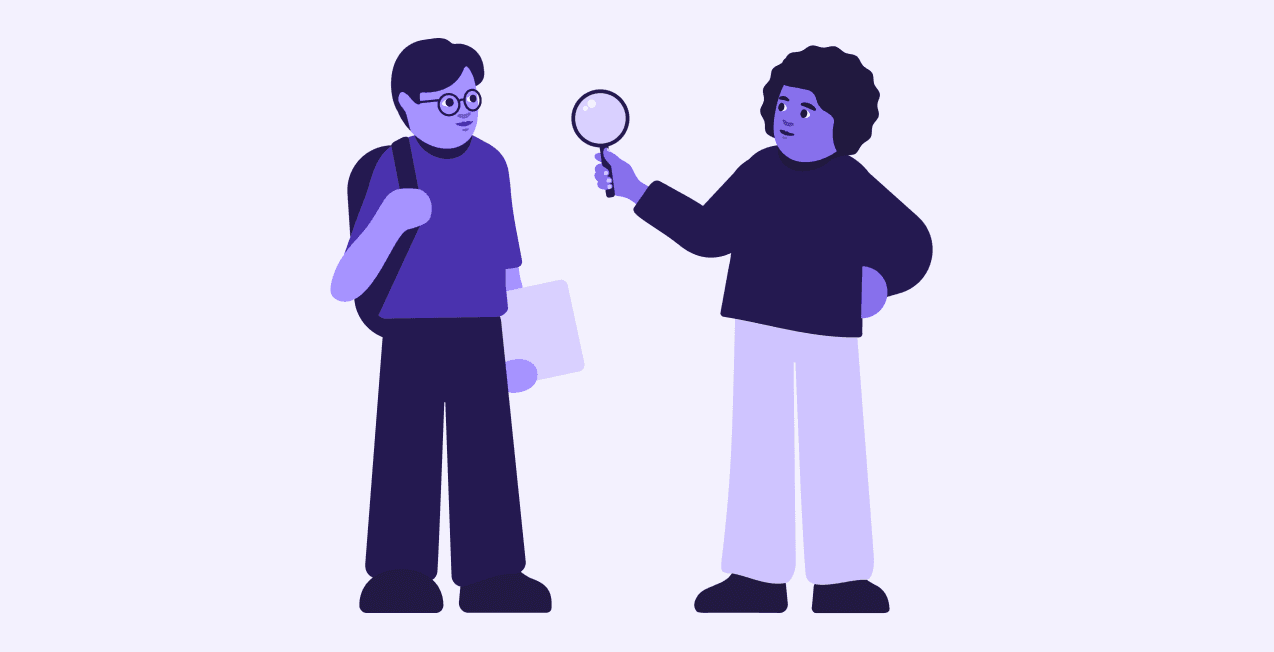 Illustrasjon av to personer som står mot hverandre. Den ene har en sekk og holder en pc, mens den andre holder et forstørrelsesglass.